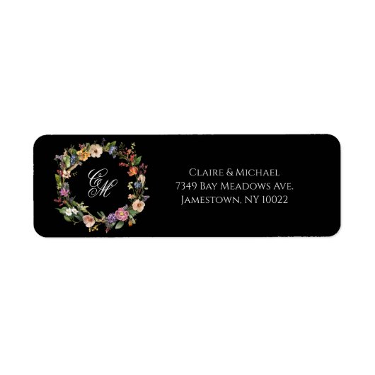 Fine Art Black Floral Monogram Krans Etiket (Voorkant)