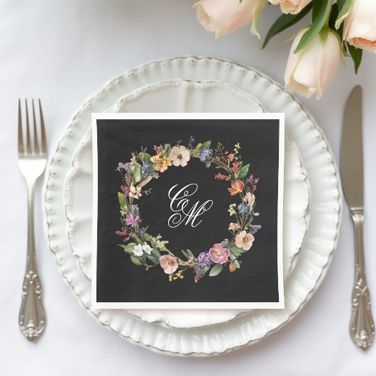 Fine Art Black Floral Monogram Krans Servet