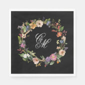 Fine Art Black Floral Monogram Krans Servet (Voorkant)