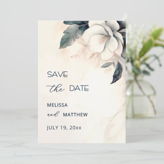 Fine Art Blue Ivory Flower Save The Date (Staand voorkant)