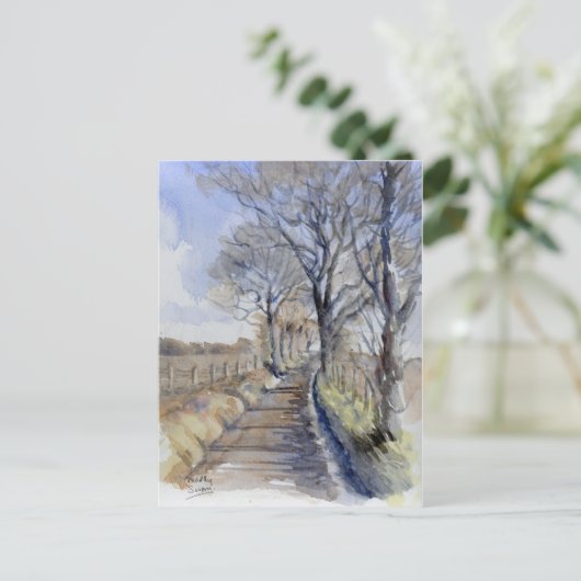 Fine Art Briefkaart - A Wintry Road, waterverf (Staand voorkant)