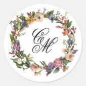 Fine Art Floral Wreath Monogram Ronde Sticker (Voorkant)