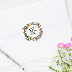 Fine Art Floral Wreath Monogram Ronde Sticker