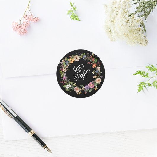 Fine Art Floral Wreath Monogram Ronde Sticker