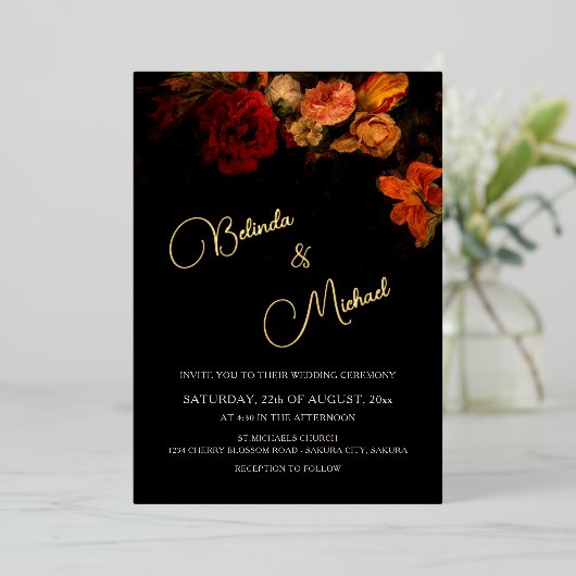 Fine Art Flowers Dark Wedding Folie Uitnodiging (Staand Voorkant)