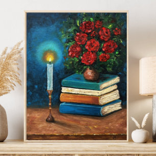 Fine Art Kleurrijke Stilleven bloemen en boeken Poster