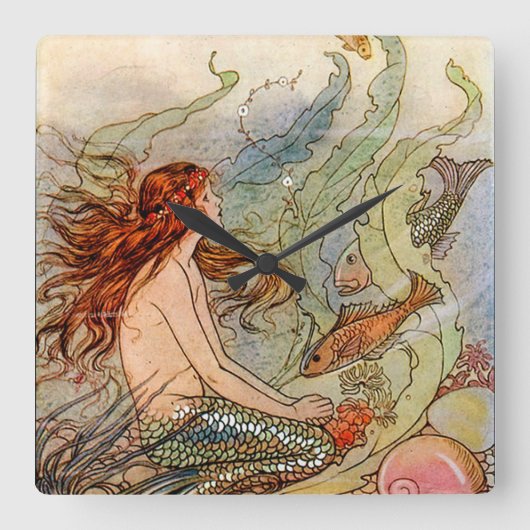Fine Art Mermaid Ilustration Poster Vierkante Klok (Voorkant)