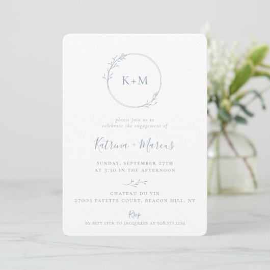 Fine Art Monogram Deusty Blue Engagement Party Kaart (Staand voorkant)