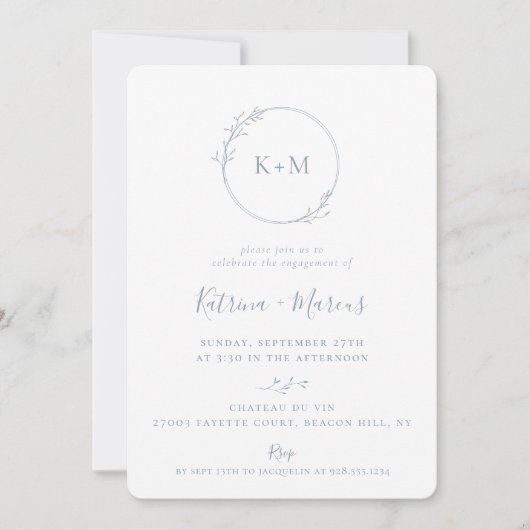 Fine Art Monogram Deusty Blue Engagement Party Kaart (Voorkant)