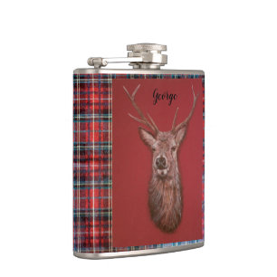 Fine Art red Deer Stag, Tartan Vinyl Wrapped Flask Heupfles