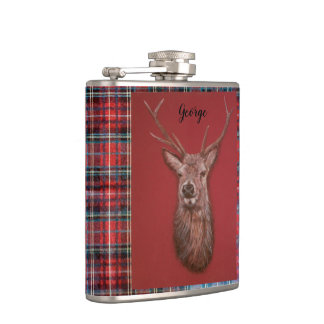Fine Art red Deer Stag, Tartan Vinyl Wrapped Flask Heupfles