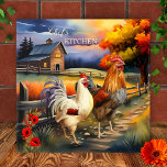 Fine Art Rooster Boerderij Keuken Tegel Tegeltje<br><div class="desc">Keuken tegel met een kleurrijke fine art schilderij van een haan en kip. Een vrolijke toevoeging aan elke keuken en een mooi cadeau voor iemand die graag kookt.</div>