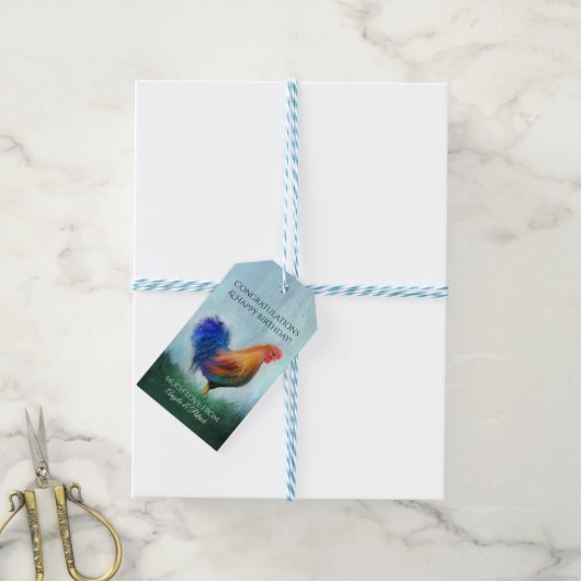 Fine Art Rooster Painting Gefeliciteerd Cadeaud La Cadeaulabel (Met Touw)