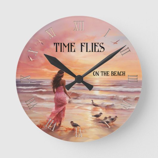 Fine Art Roze Strand Zonsondergang Ronde Klok (Voorkant)