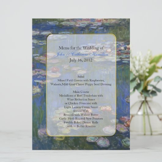 Fine Art Water Lelies Trouwtafel Menu (Staand voorkant)