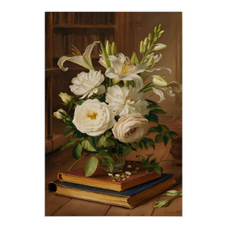 Fine Art White Roses olieverfschilderij Poster