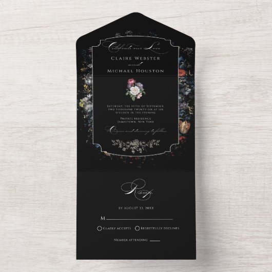 Fine Art Zwarte Bloemen Kalligrafie All In One Uitnodiging (Binnen)