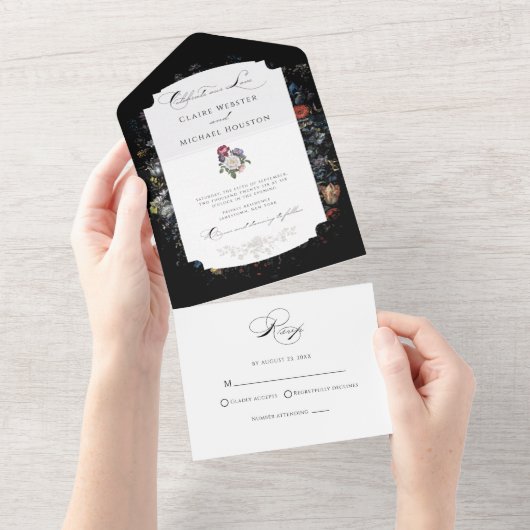 Fine Art Zwarte Bloemen Kalligrafie All In One Uitnodiging (Afscheurbaar)