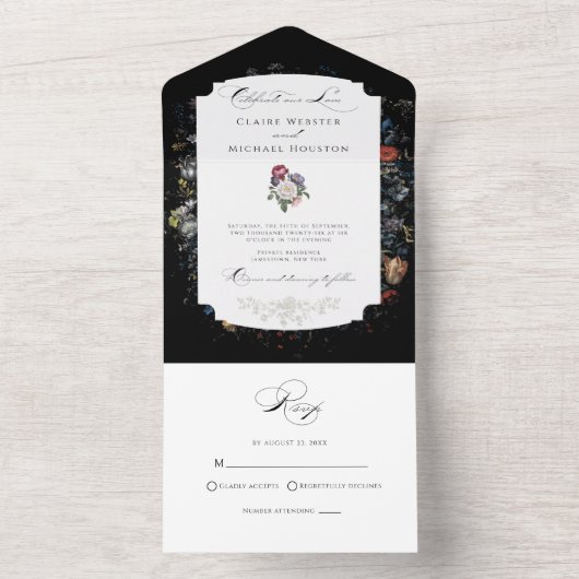 Fine Art Zwarte Bloemen Kalligrafie All In One Uitnodiging (Binnen)