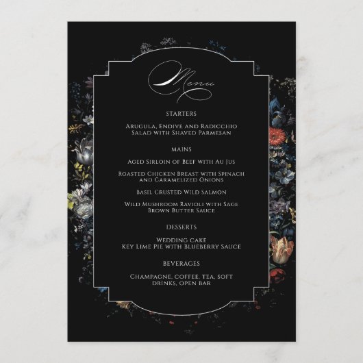 Fine Art Zwarte Bloemen Kalligrafie Menu (Voorkant)