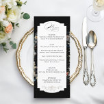 Fine Art Zwarte Bloemen Kalligrafie Menu<br><div class="desc">Dit chique menuontwerp beschikt over een 18e-eeuws Nederlands bloemstilleven,  inclusief witte,  rode en gouden tulpen en wilde bloemen,  op een zwarte achtergrond met een aangepast centrumlabel,  complementaire bloemige afbeeldingen en elegante vloeiende aangepaste kalligrafie. De achterkant is voorzien van een optionele bloemenkrans met monogram sjabloon.</div>