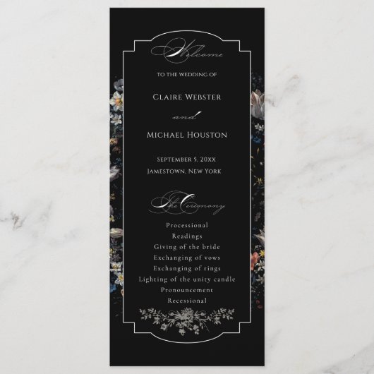 Fine Art Zwarte Bloemen Kalligrafie Programmakaart (Voorkant)