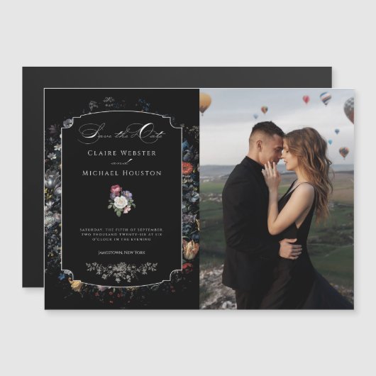 Fine Art Zwarte Bloemen Kalligrafie Save the Date Magnetische Uitnodiging (Voorkant / Achterkant)