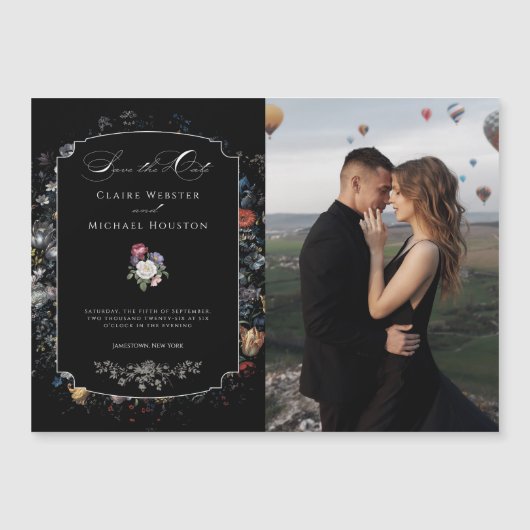 Fine Art Zwarte Bloemen Kalligrafie Save the Date Magnetische Uitnodiging (Voorkant)
