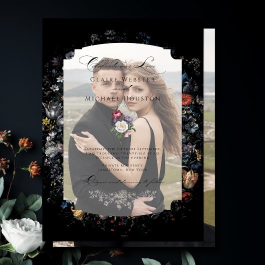 Fine Art Zwarte Bloemen Kalligrafie Vellum Uitnodigingen