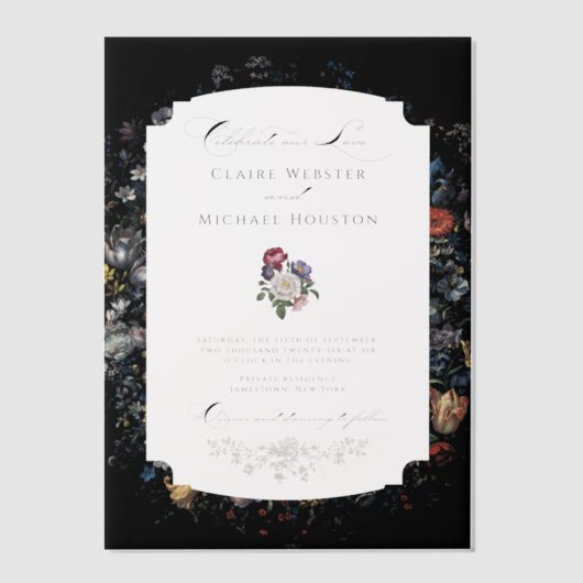 Fine Art Zwarte Bloemen Kalligrafie Vellum Uitnodigingen (Voorkant)