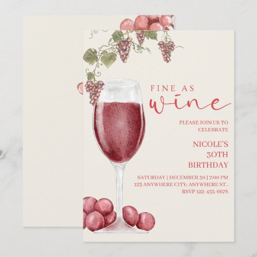 Fine as Wine Elegant Wine Tasting Birthday Invite Kaart (Voorkant / Achterkant)