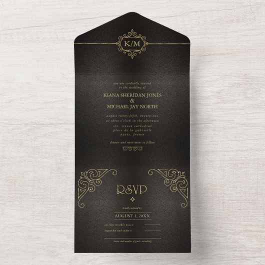 Fine Filigree Gold Wedding V2 ID871 All In One Uitnodiging (Binnen)