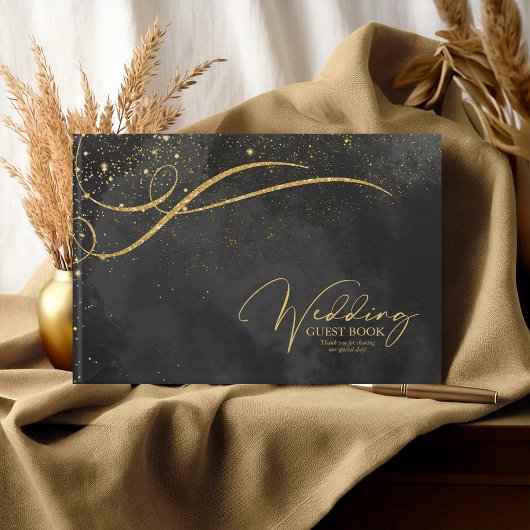 Fine Gold Lines Abstract Wedding Black ID867 Gastenboek