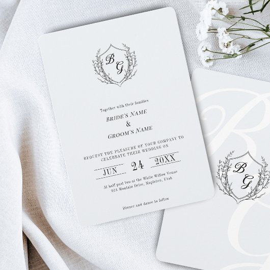 Fine-line classic  Crest monogram bruiloft Kaart