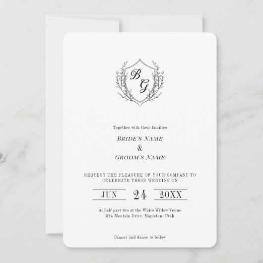 Fine-line classic  Crest monogram bruiloft Kaart (Voorkant)