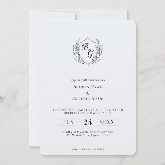 Fine-line classic  Crest monogram bruiloft Kaart (Voorkant)