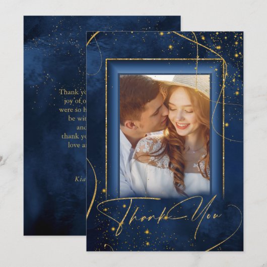 Fine Lines Gold Abstract Wedding Bedankt Navy ID86 (Voorkant / Achterkant)