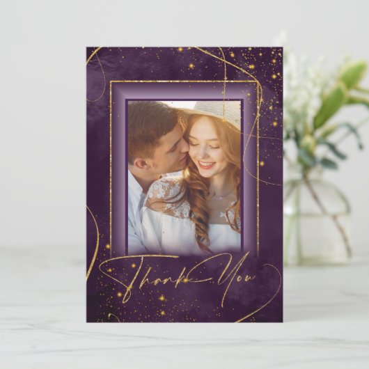 Fine Lines Gold Abstract Wedding Bedankt Plum ID86 (Staand voorkant)