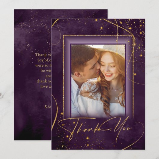 Fine Lines Gold Abstract Wedding Bedankt Plum ID86 (Voorkant / Achterkant)