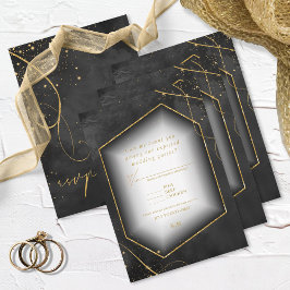 Fine Lines Gold Abstract Wedding Black ID867 RSVP Kaartje