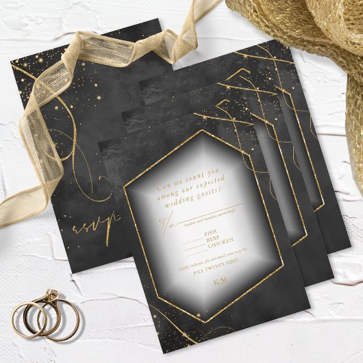 Fine Lines Gold Abstract Wedding Black ID867 RSVP Kaartje
