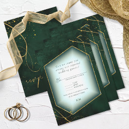 Fine Lines Gold Abstract Wedding Emerald ID867 RSVP Kaartje