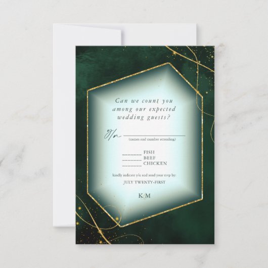 Fine Lines Gold Abstract Wedding Emerald ID867 RSVP Kaartje (Voorkant)