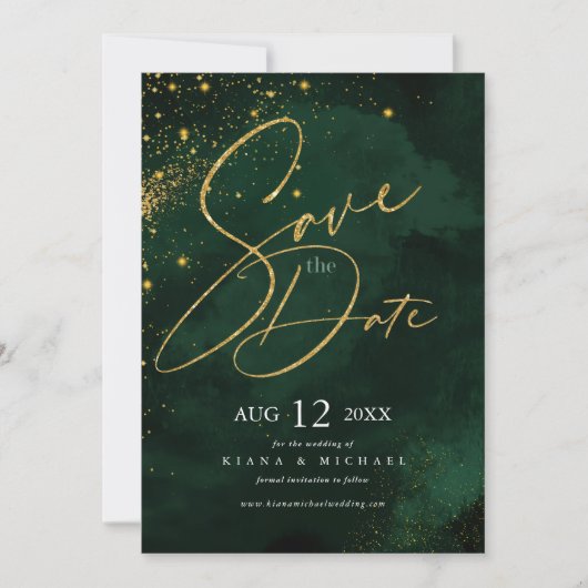 Fine Lines Gold Abstract Wedding Emerald ID867 Save The Date (Voorkant)