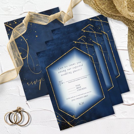Fine Lines Gold Abstract Wedding Navy ID867 RSVP Kaartje