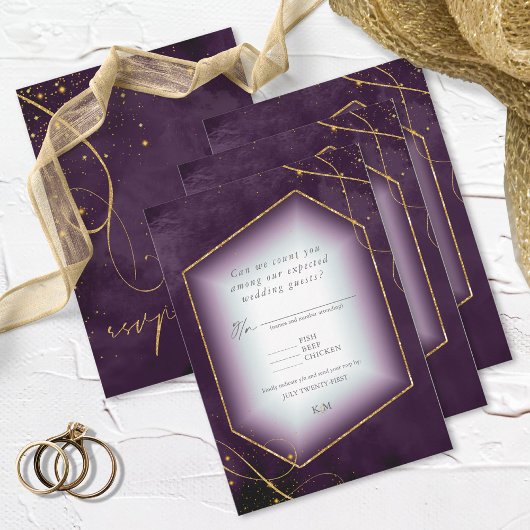 Fine Lines Gold Abstract Wedding Plum ID867 RSVP Kaartje