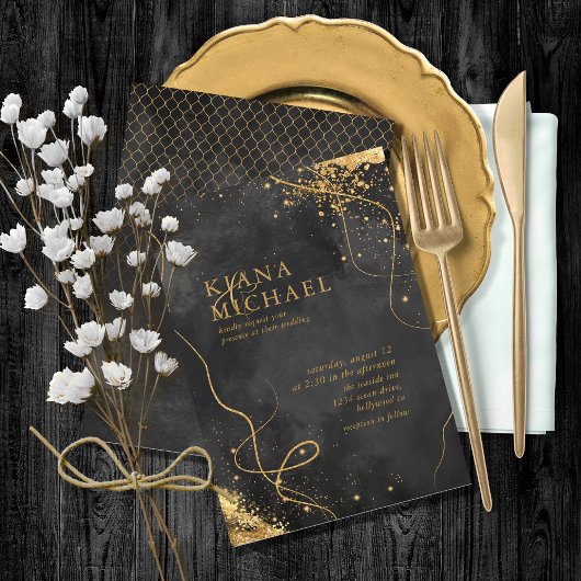 Fine Lines Gold Abstract Wedding V1 Black ID867