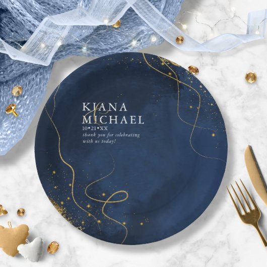 Fine Lines Gold Abstract Wedding V1 Navy ID867 Papieren Bordje