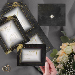 Fine Lines Gold Abstract Wedding V3 Black ID867 All In One Uitnodiging