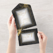 Fine Lines Gold Abstract Wedding V3 Black ID867 All In One Uitnodiging (Afscheurbaar)